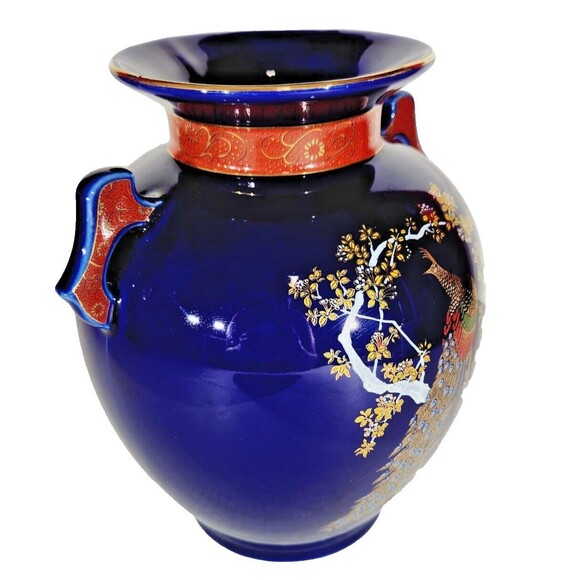 Vase Japanese Cobalt Blue 8.5" Handles Vintage Vtg Porcelain Peacock Bird Nature - Picture 2 of 14